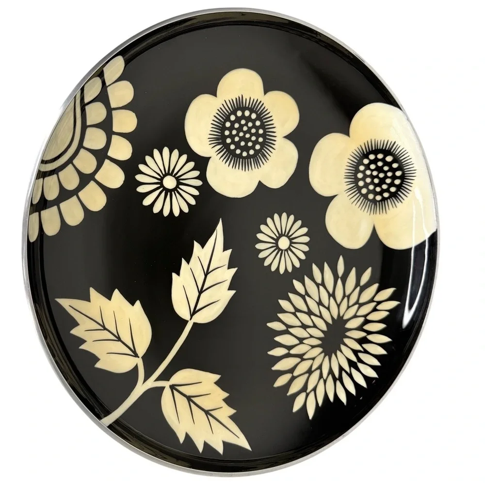 Black Floral Serving Tray Round Metal Retro Boho Mid Century 14 In Made in India